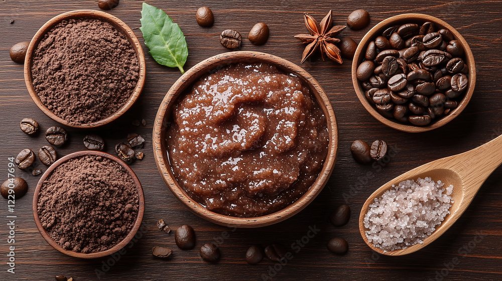 Coffee and spice blend with textures and flavors displayed in wooden bowls and spoon on dark wooden surface. Generative AI Coffee and spice blend with textures and flavors displayed in wooden bowls and spoon on dark wooden surface. Generative AI