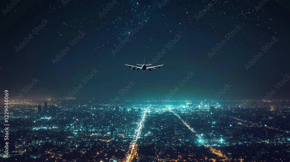 Airplane travel theme with blurred city lights at night Airplane travel theme with blurred city lights at night