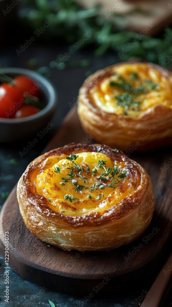 Delicious Golden-Brown Pastries Filled With Creamy Custard, Topped With Fresh Herbs. Rustic Wooden Board Setting Adds Warmth. Delicious Golden-Brown Pastries Filled With Creamy Custard, Topped With Fresh Herbs. Rustic Wooden Board Setting Adds Warmth.