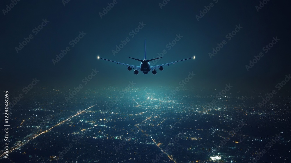 Naklejka premium Airplane travel theme with blurred city lights at night