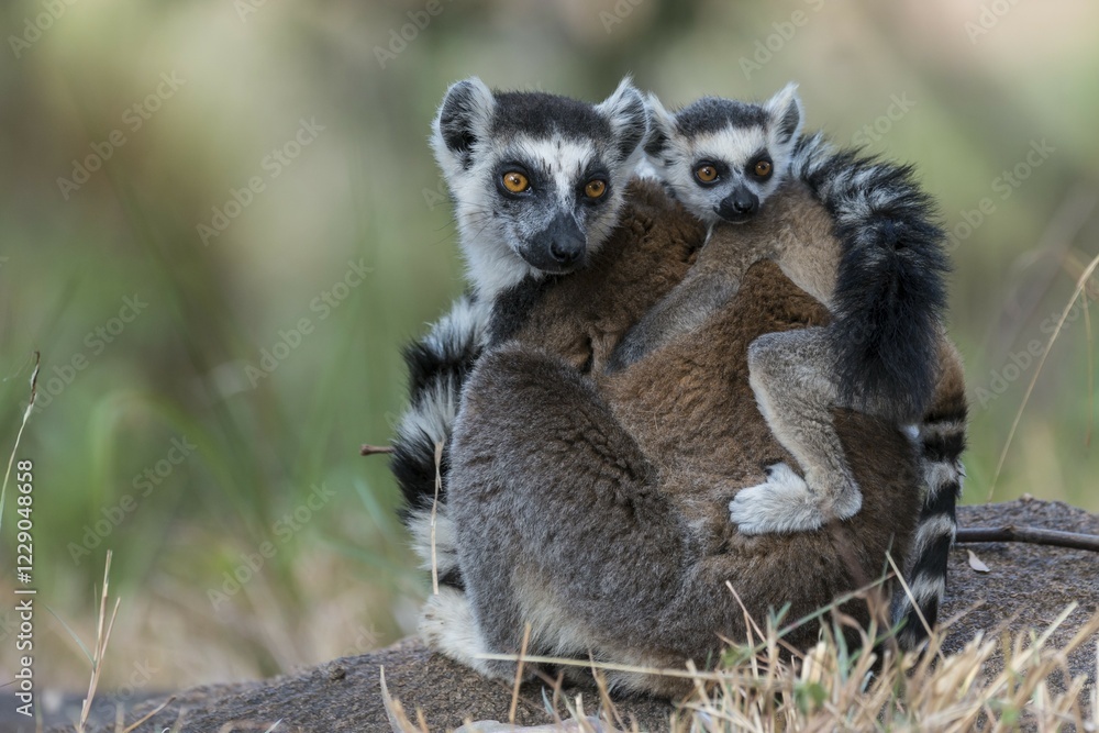 Obraz premium Ring-tailed Lemur (Lemur catta), adult with young on its back, on the ground, Adringitra Region, Madagascar, Africa