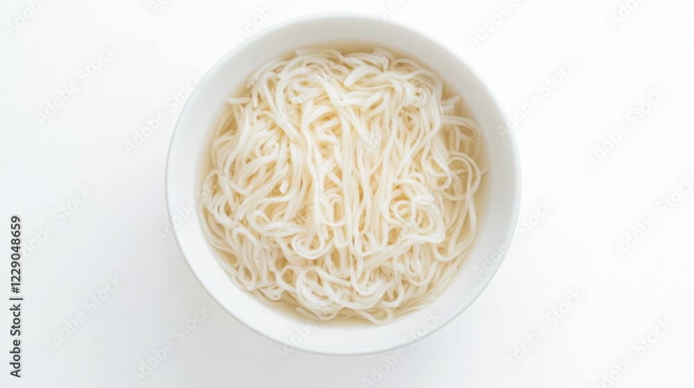 A minimalist bowl of plain rice noodles with a light drizzle of soy sauce, served in a simple white ceramic bowl, Rice noodles centered A minimalist bowl of plain rice noodles with a light drizzle of soy sauce, served in a simple white ceramic bowl, Rice noodles centered