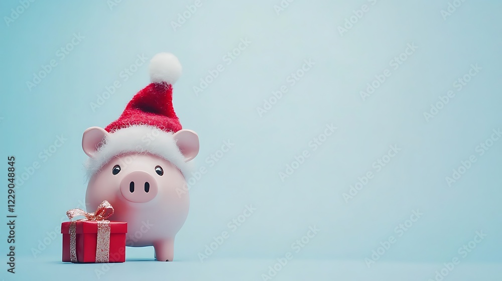 Piggy bank wearing Santa hat beside gift. Piggy bank wearing Santa hat beside gift.
