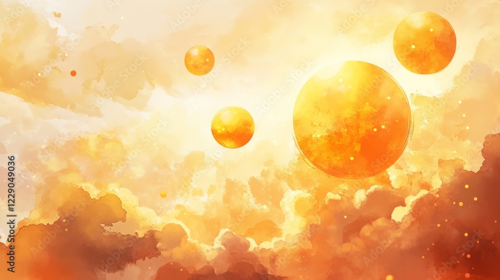 Ethereal scene of glowing spheres suspended in a vibrant, golden sky, evoking a sense of wonder and tranquility. Ethereal scene of glowing spheres suspended in a vibrant, golden sky, evoking a sense of wonder and tranquility.