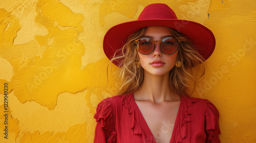 Woman wearing red hat and sunglasses poses against vibrant yellow wall in sunny outdoor setting. Generative AI
