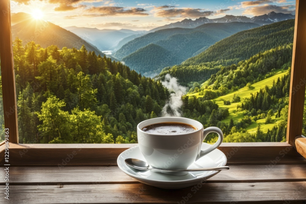 A steaming cup of coffee on a wooden table against a backdrop of lush green mountains and a sunrise, AI generated A steaming cup of coffee on a wooden table against a backdrop of lush green mountains and a sunrise, AI generated