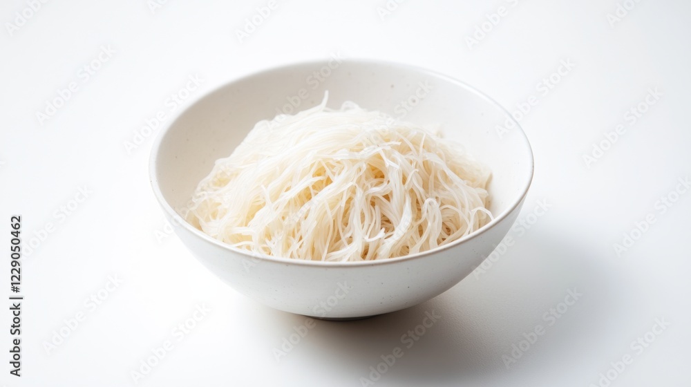 A minimalist bowl of plain rice noodles with a light drizzle of soy sauce, served in a simple white ceramic bowl, Rice noodles centered A minimalist bowl of plain rice noodles with a light drizzle of soy sauce, served in a simple white ceramic bowl, Rice noodles centered