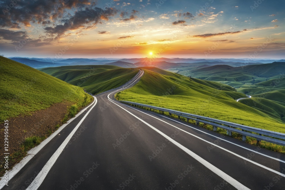 Naklejka premium Winding road at sunset bordered by green hills with a colorful sky and clouds, emanating a serene atmosphere, AI generated
