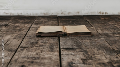 Open antique book on rustic wooden table.