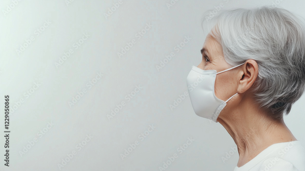 A modern elder wearing a slim, snug-fitting anti-pollution mask, viewed from the side. A symbol of health and safety in today’s world, perfect for contemporary wellness concepts.