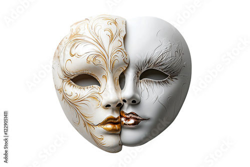 Intricate design of a romantic-themed half mask illustrating the duality of love, ideal for masquerade events and theatrical performances in vibrant festivities