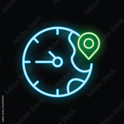 Neon icon of a clock indicating different time zones across the globe, perfect for concepts of global communication or international business