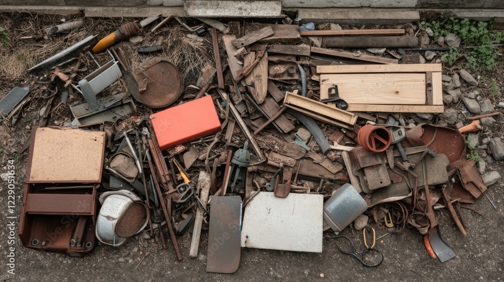 Pile of discarded rusty metal, wood, and plastic scraps outdoors. Pile of discarded rusty metal, wood, and plastic scraps outdoors.