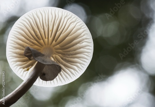 Porcelain fungus (Oudemansiella mucida), from beneath, Hesse, Germany, Europe