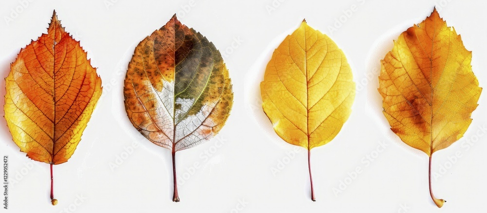 Obraz premium Four autumn leaves in shades of orange and yellow arranged in a row on a white background, AI generated