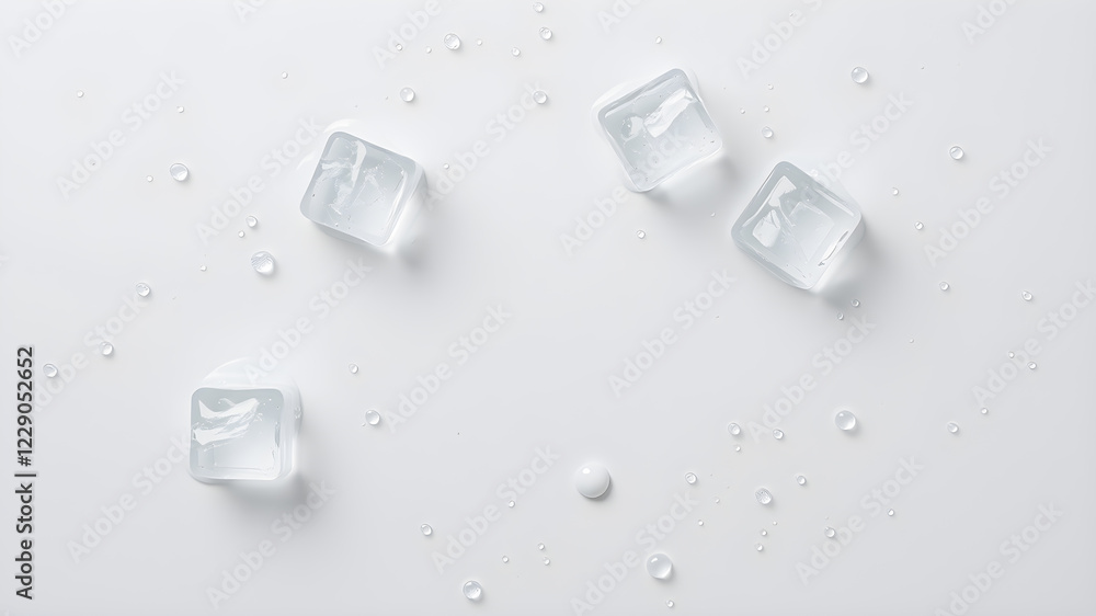 Melting ice cubes and water drops on light grey background, flat lay. Space for text, top view. Generative AI Melting ice cubes and water drops on light grey background, flat lay. Space for text, top view. Generative AI