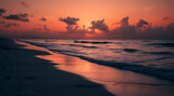 Serene beach sunset, vibrant orange sky, gentle ocean waves, reflective wet sand, silhouetted clouds, tranquil seascape, dramatic twilight colors, peaceful shoreline, calm waters, dusk atmosphere, gol
