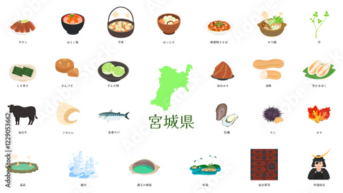 宮城県の名物や特産品のイラスト。フラットなベクターイラストセット。 Illustrations of Miyagi's specialties and local products. Flat vector illustration set.