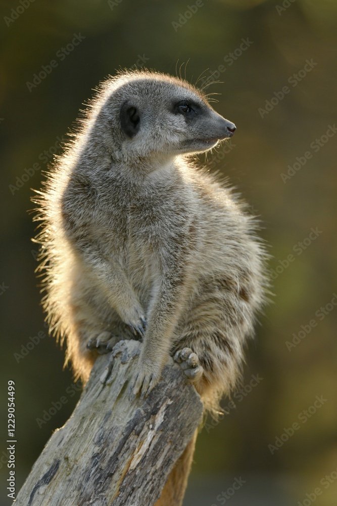 Fototapeta premium Meerkat (Suricata suricatta), sitting on a branch against the light, captive, Germany, Europe