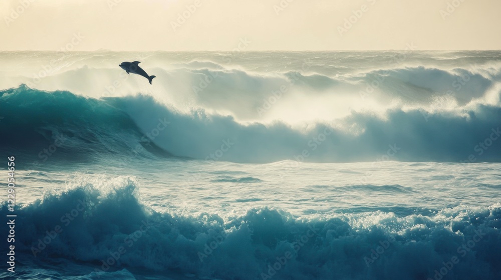 Dolphin Leaping Above Turbulent Waves at Dusk by the Ocean Dolphin Leaping Above Turbulent Waves at Dusk by the Ocean