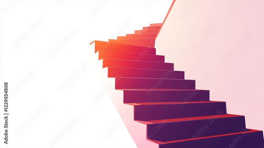 Fototapeta premium A dramatic twisting stairway in deep red and purple hues ascends into a white background giving a surreal and futuristic perspective