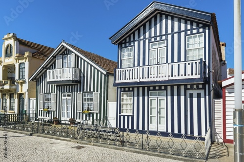 Typical colourful houses, Costa Nova, Aveiro, Beira Litoral, Portugal, Europe