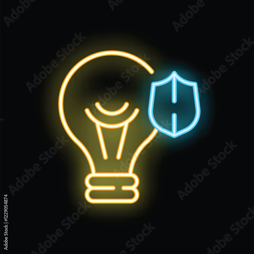 Neon sign of a lightbulb shining bright with a shield protecting it, depicting intellectual property and idea protection