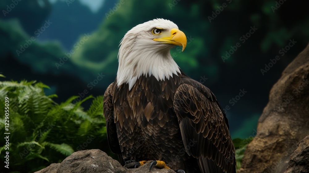Majestic Bald Eagle Perched on Rocks in a Lush Forest Majestic Bald Eagle Perched on Rocks in a Lush Forest
