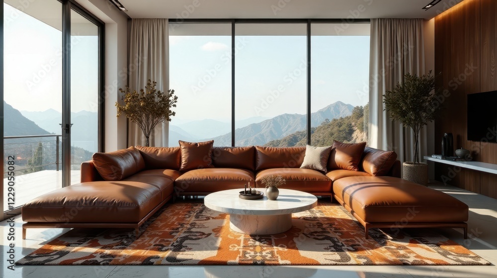 Fototapeta premium Luxurious Brown Leather Sectional Sofa in Modern Living Room with Panoramic Mountain View and Stylish Area Rug
