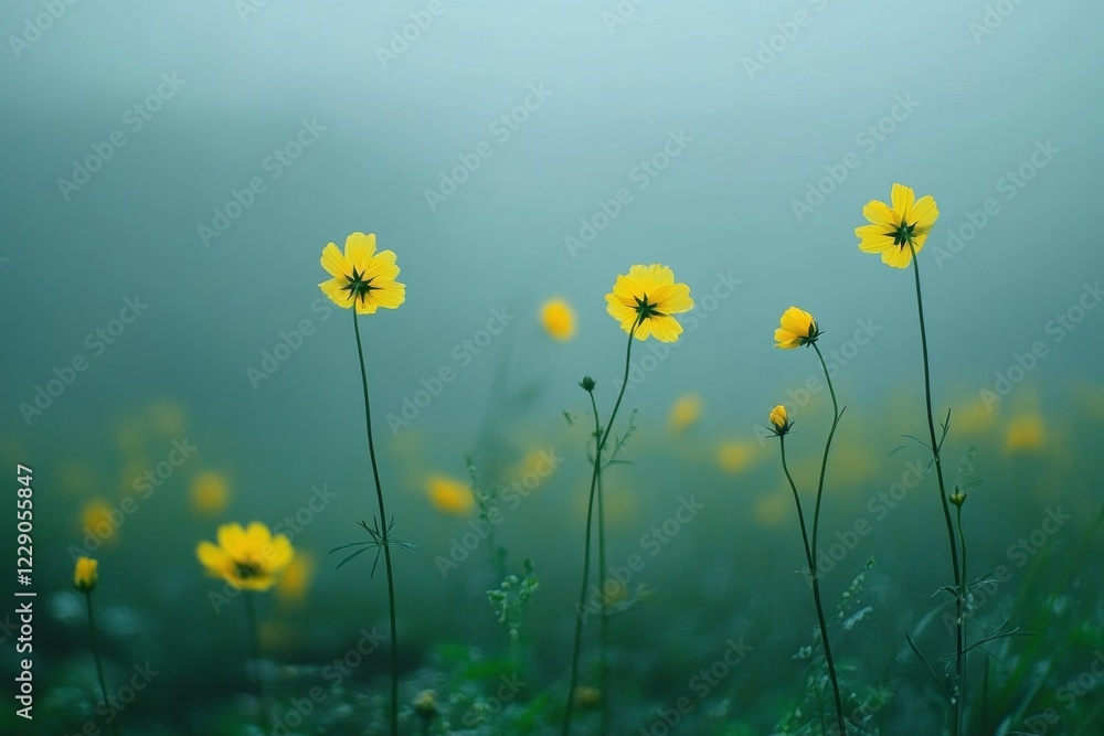 Yellow Cosmos Flowers in Misty Field Yellow Cosmos Flowers in Misty Field