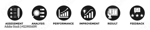 evaluation web banner concept with group of icons for business and media
