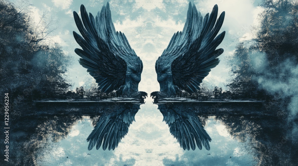 Obraz premium Dark angel wings mirrored in a misty lake, surrounded by an enchanted forest, creating a surreal and mysterious atmosphere.