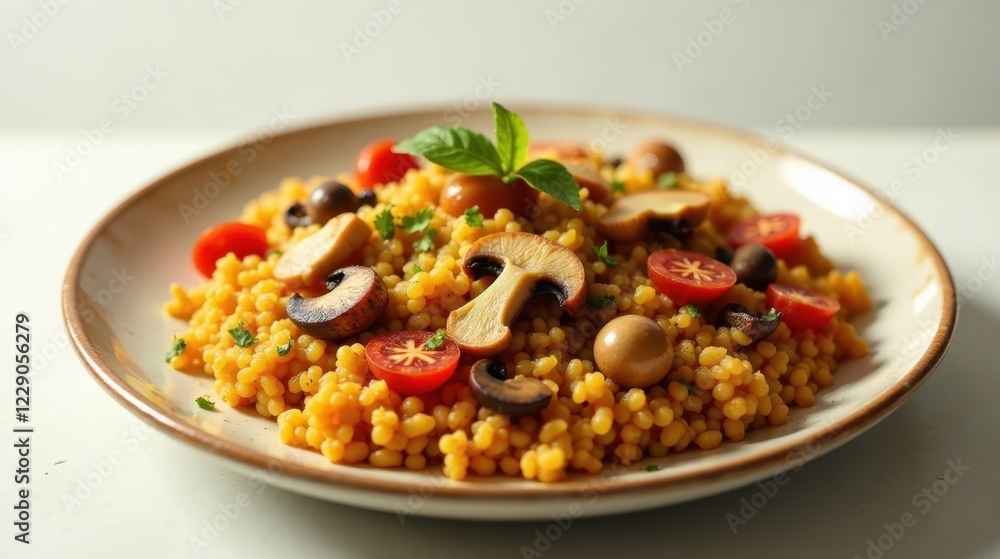 A delectable plate of golden couscous, adorned with saut?ed mushrooms, halved cherry tomatoes, and a sprig of fresh basil. A delectable plate of golden couscous, adorned with saut?ed mushrooms, halved cherry tomatoes, and a sprig of fresh basil.