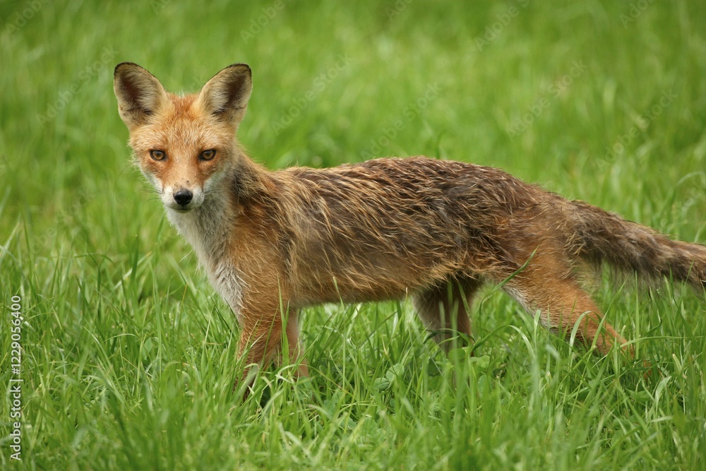 Fototapeta premium Red Fox (Vulpes vulpes), young fox, three months, Allgaeu, Bavaria, Germany, Europe