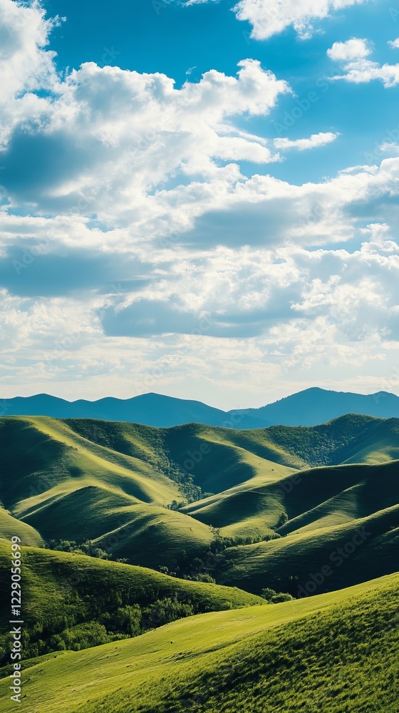 Fototapeta premium A breathtaking view of rolling green hills beneath a vibrant blue sky dotted with fluffy clouds, capturing the essence of tranquility and nature.