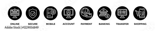 online bankingg web banner concept with group of icons for business and media