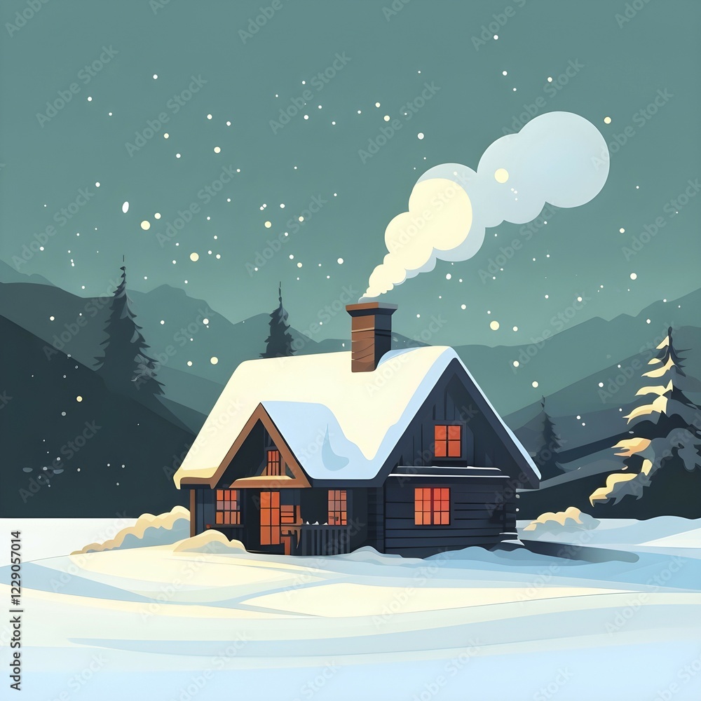 Naklejka premium Snow-covered cottage in a serene winter scene in vector style, AI generated