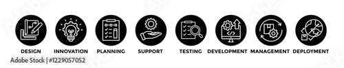 product engineering web banner concept with group of icons for business and media