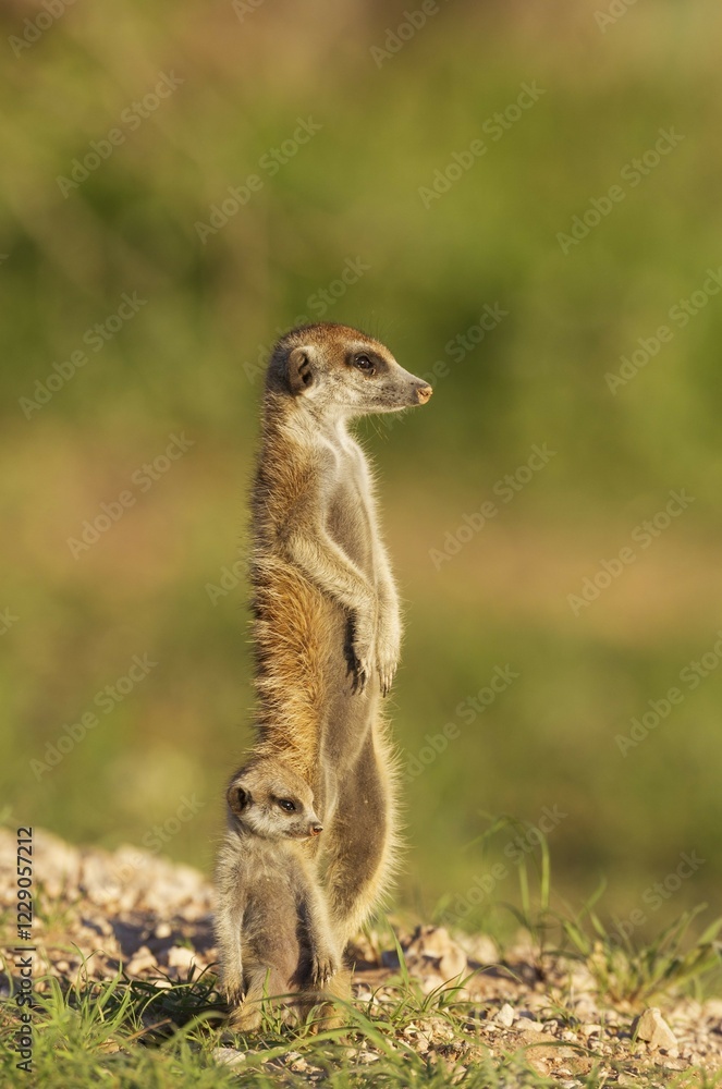 Suricate (Suricata suricatta), adult with young on the lookout, during the rainy season in green surroundings, Kalahari Desert, Kgalagadi Transfrontier Park, South Africa, Africa Suricate (Suricata suricatta), adult with young on the lookout, during the rainy season in green surroundings, Kalahari Desert, Kgalagadi Transfrontier Park, South Africa, Africa
