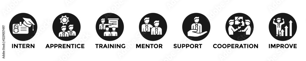 trainee web banner concept with group of icons for business and media trainee web banner concept with group of icons for business and media