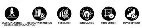 startup development web banner concept with group of icons for business and media
