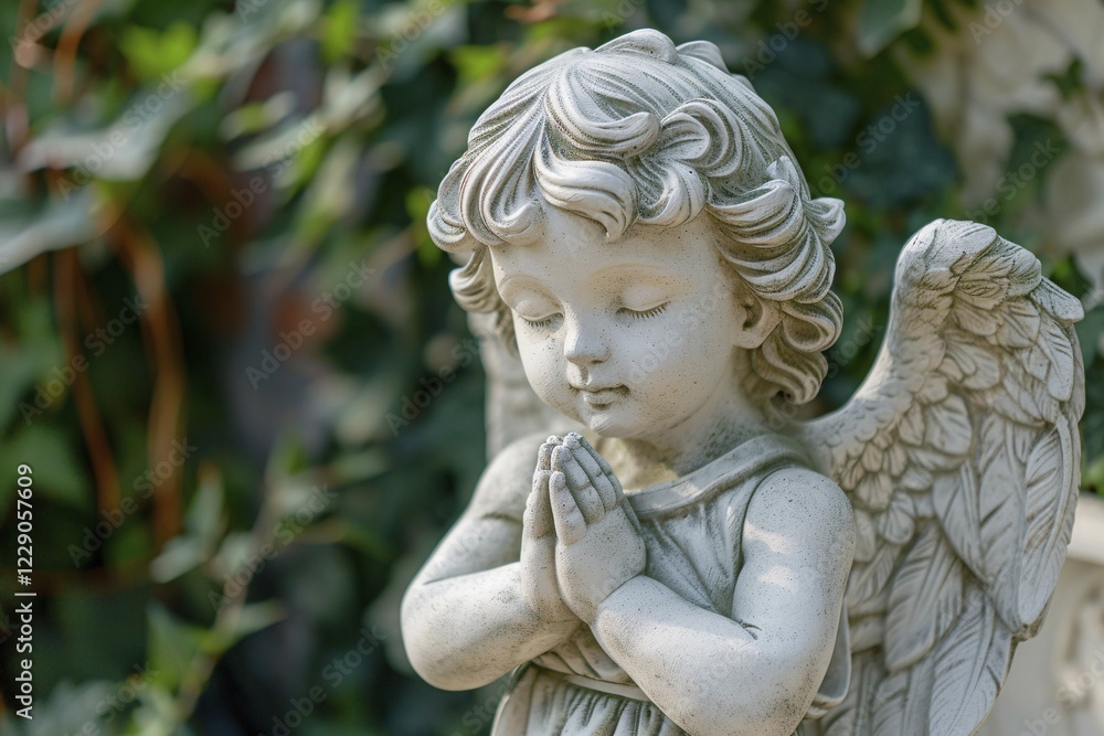 Close up of praying angel child statue at cemetery, KI generiert, generiert AI generated Close up of praying angel child statue at cemetery, KI generiert, generiert AI generated