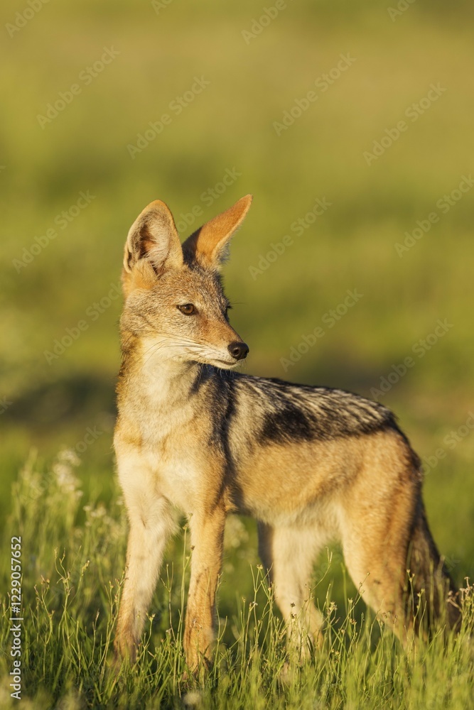 Fototapeta premium Black-backed Jackal (Canis mesomelas), standing in grassland, Kalahari Desert, Kgalagadi Transfrontier Park, South Africa, Africa