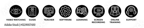 video tutorial web banner concept with group of icons for business and media