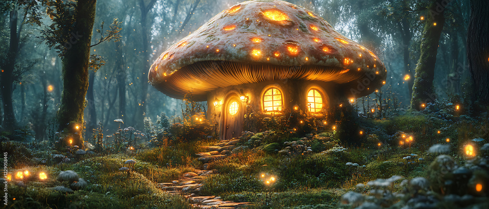 Giant Mushroom House Glowing in Enchanted Forest, Magical Ambiance Giant Mushroom House Glowing in Enchanted Forest, Magical Ambiance