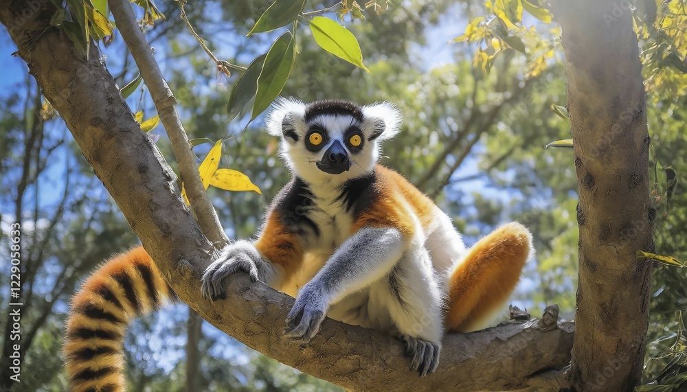 Fototapeta premium AI generated, animal, animals, mammal, mammals, biotope, habitat, one, individual animal, foraging, wildlife, Madagascar, East Africa, lemurs, sifaka, catta in tree, lemur, Africa