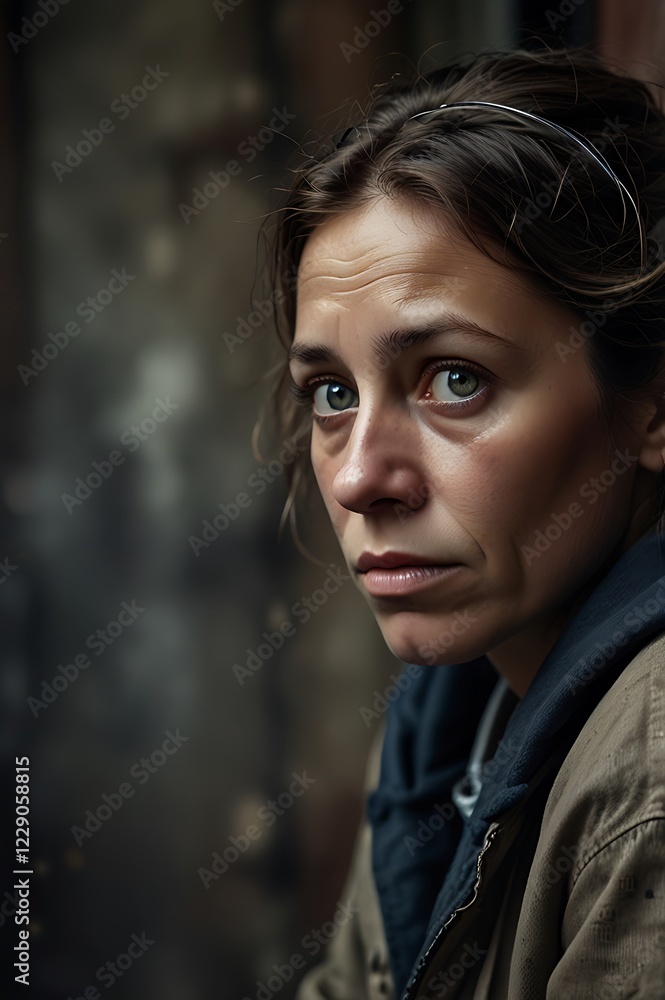 portrait of a homeless woman in a city alley, her eyes filled with a mix of sadness and unspoken stories portrait of a homeless woman in a city alley, her eyes filled with a mix of sadness and unspoken stories