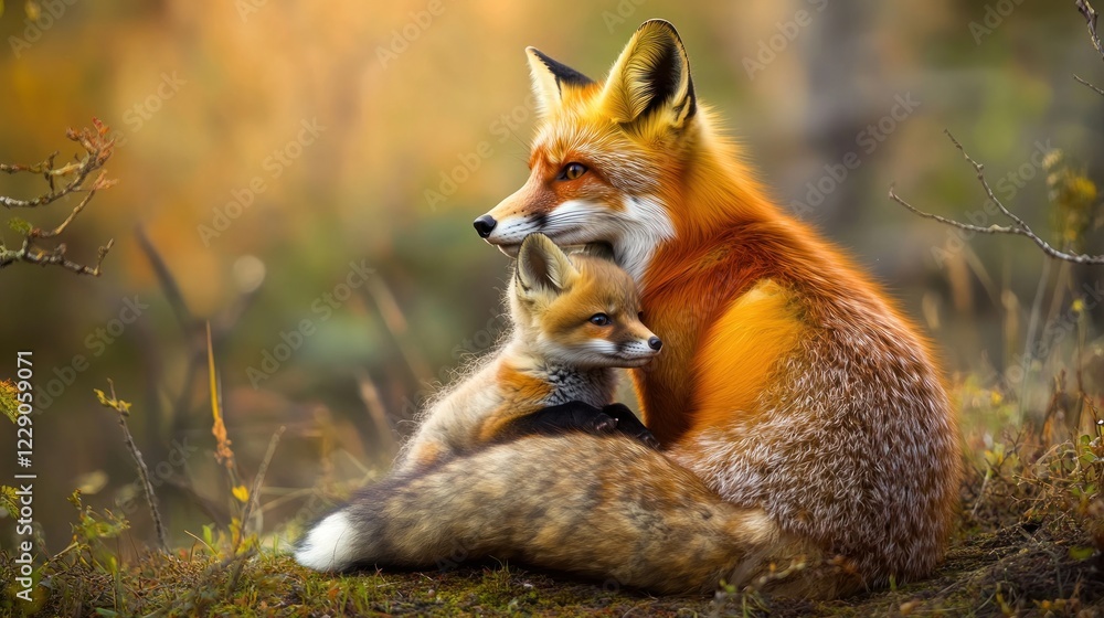 Fototapeta premium Red fox vixen tenderly embracing her adorable kit in autumnal woodland setting.
