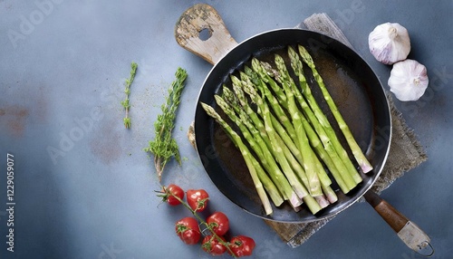 Rustic presentation of green asparagus surrounded by fresh tomatoes and garlic, green asparagus, asparagus spears, AI generated, AI generated