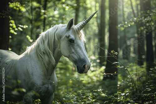 Beautiful white unicorn in forest. KI generiert, generiert, AI generated
